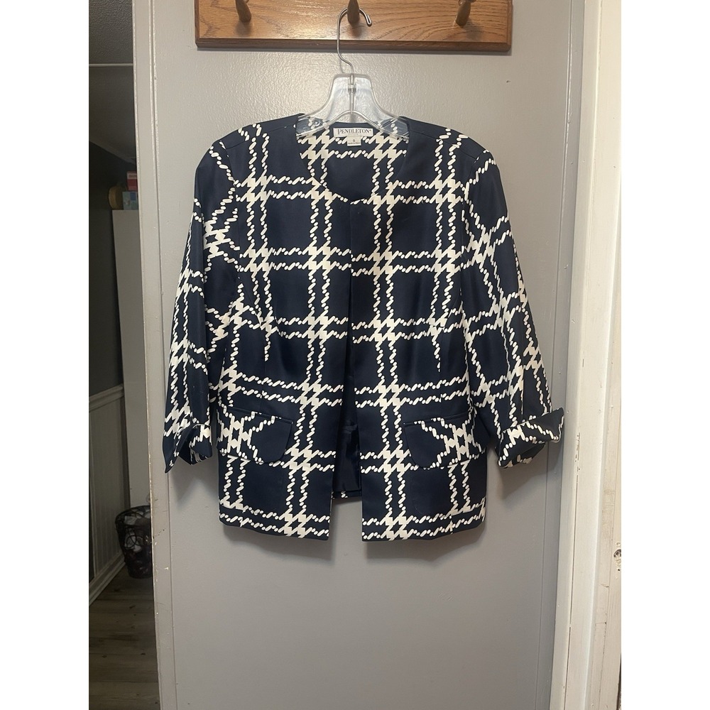 Pendleton Silk Blazer Navy/White Plaid Open Front Women's 8 Petite NWOT